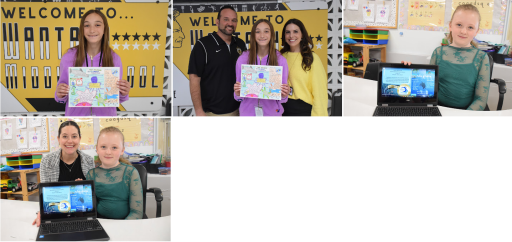 four pictures with two adults and students holding art work or laptop 